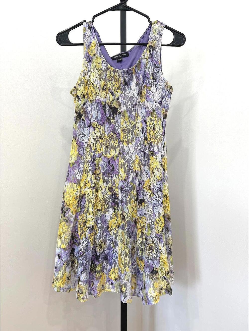 Perceptions Sleeveless Floral Dress with Purple and Yellow Pattern Lace PM